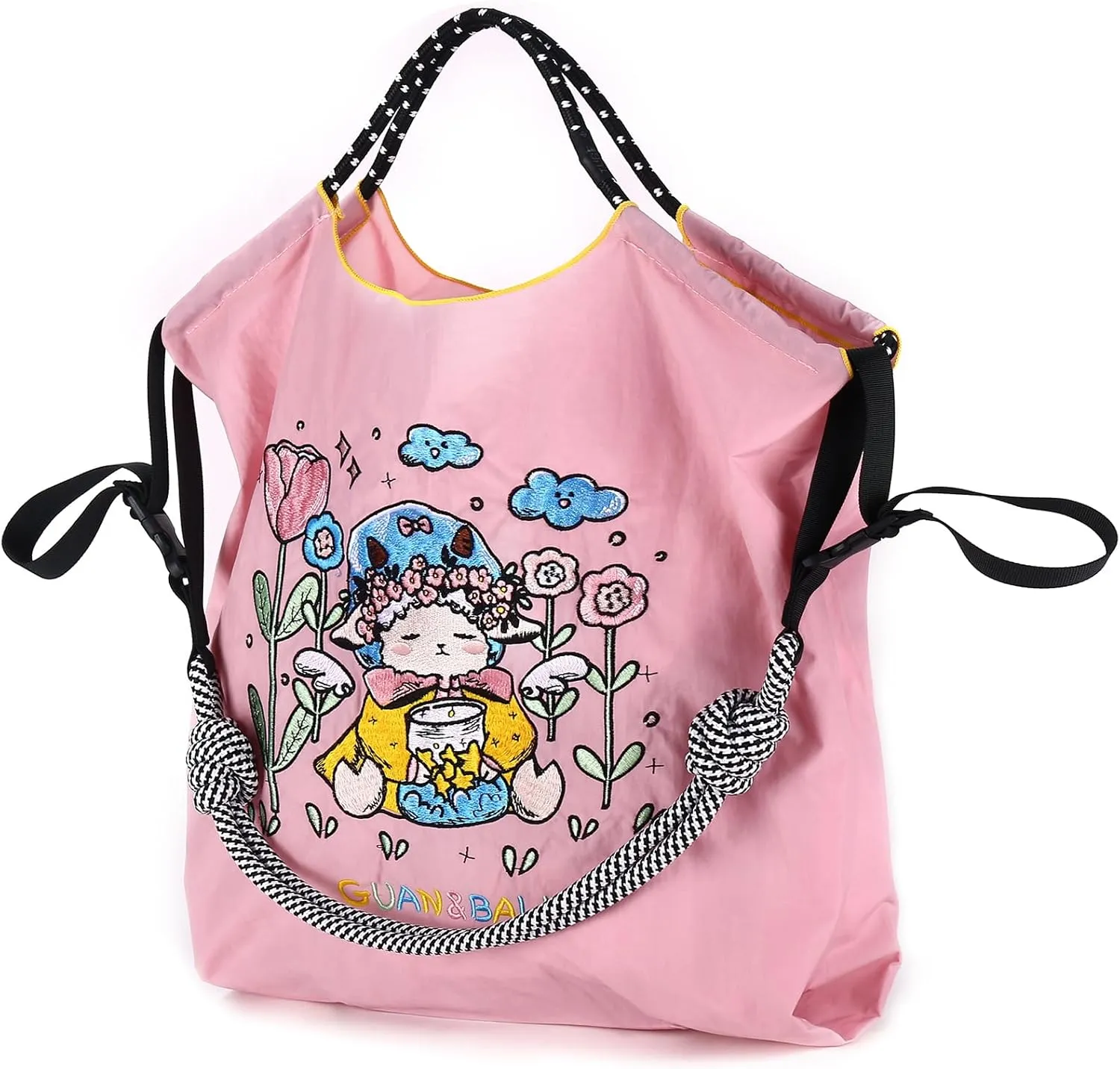 Guan&Ball Lady Tote bag, a lamb embroidered nylon bag, is the perfect companion for shopping and travel