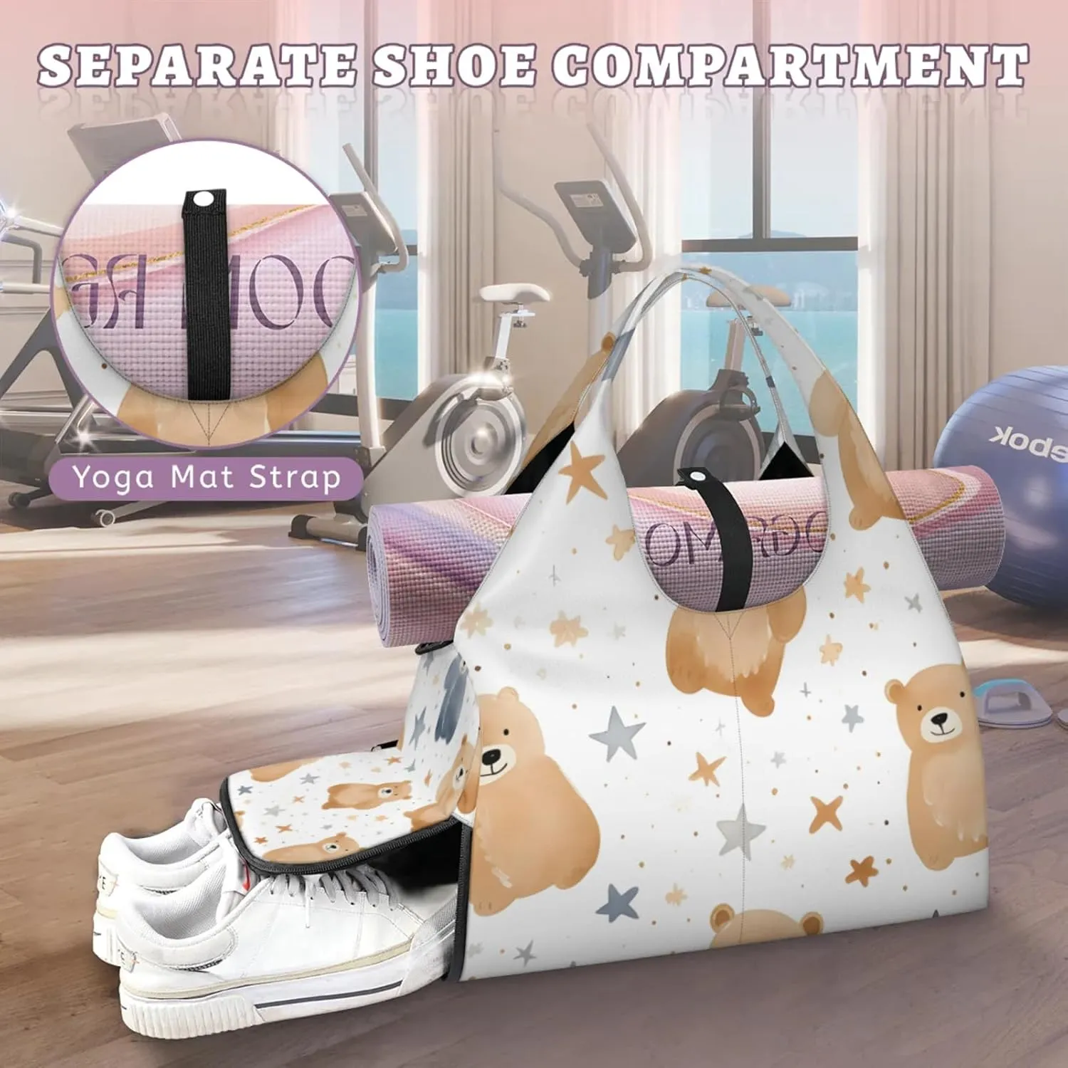 Gym Bag for Women Bears Stars Duffel Bag with Shoe Compartment and Yoga Mat Holder Portable Weekender Bags Travel Tote Bags