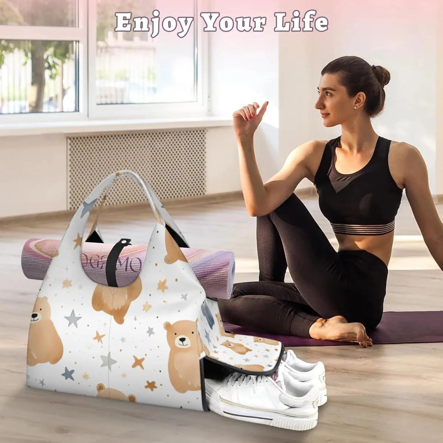 Gym Bag for Women Bears Stars Duffel Bag with Shoe Compartment and Yoga Mat Holder Portable Weekender Bags Travel Tote Bags