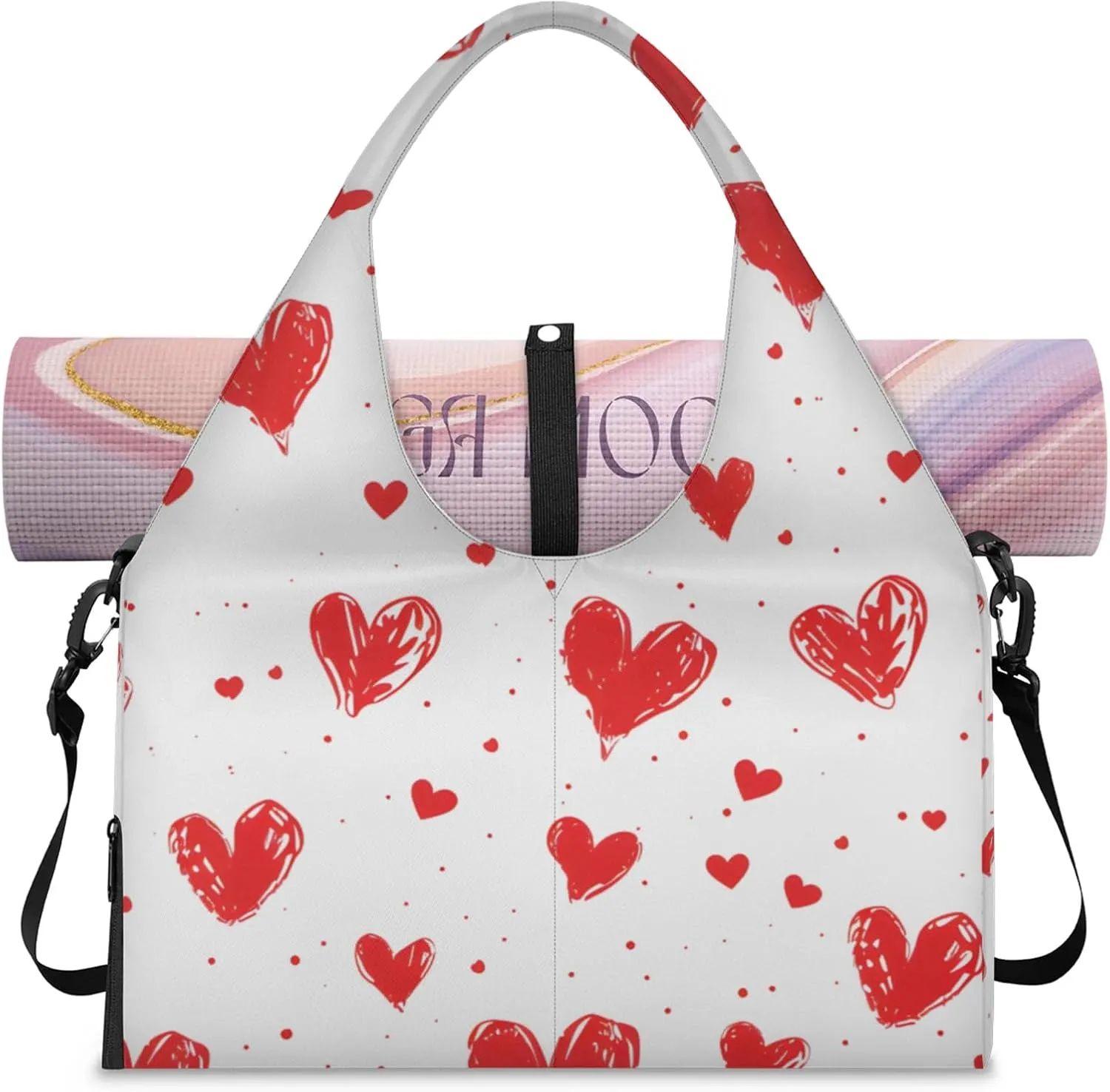 Gym Bag for Women Hearts Print Duffel Bag with Shoe Compartment and Yoga Mat Holder Portable Weekender Bags Travel Tote Bags