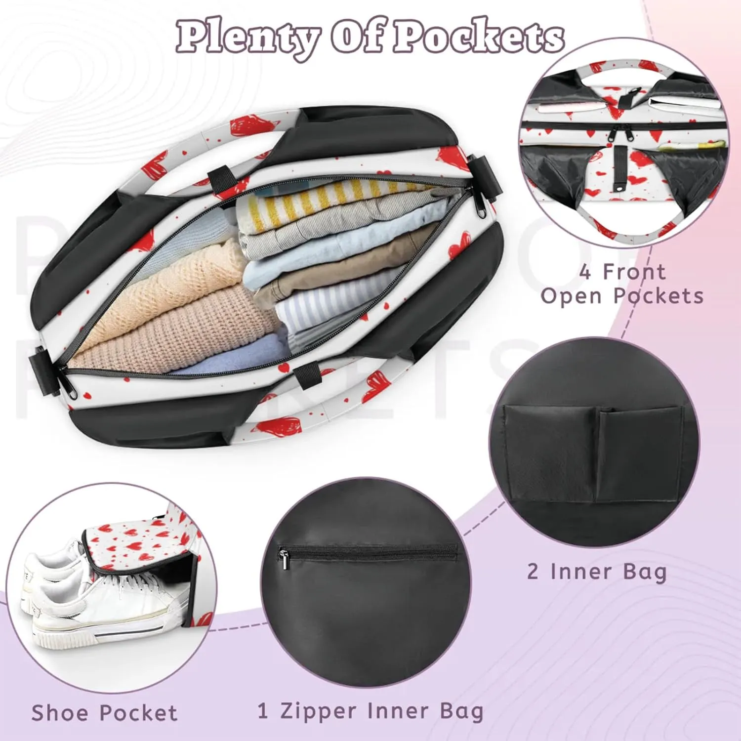 Gym Bag for Women Hearts Print Duffel Bag with Shoe Compartment and Yoga Mat Holder Portable Weekender Bags Travel Tote Bags