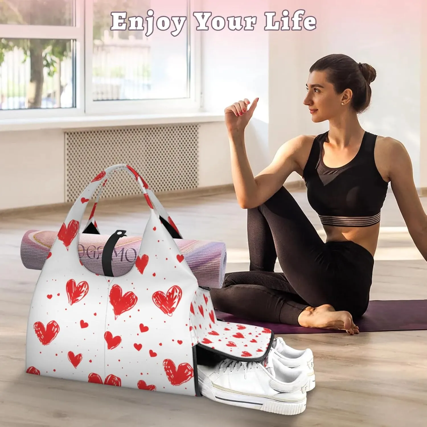 Gym Bag for Women Hearts Print Duffel Bag with Shoe Compartment and Yoga Mat Holder Portable Weekender Bags Travel Tote Bags