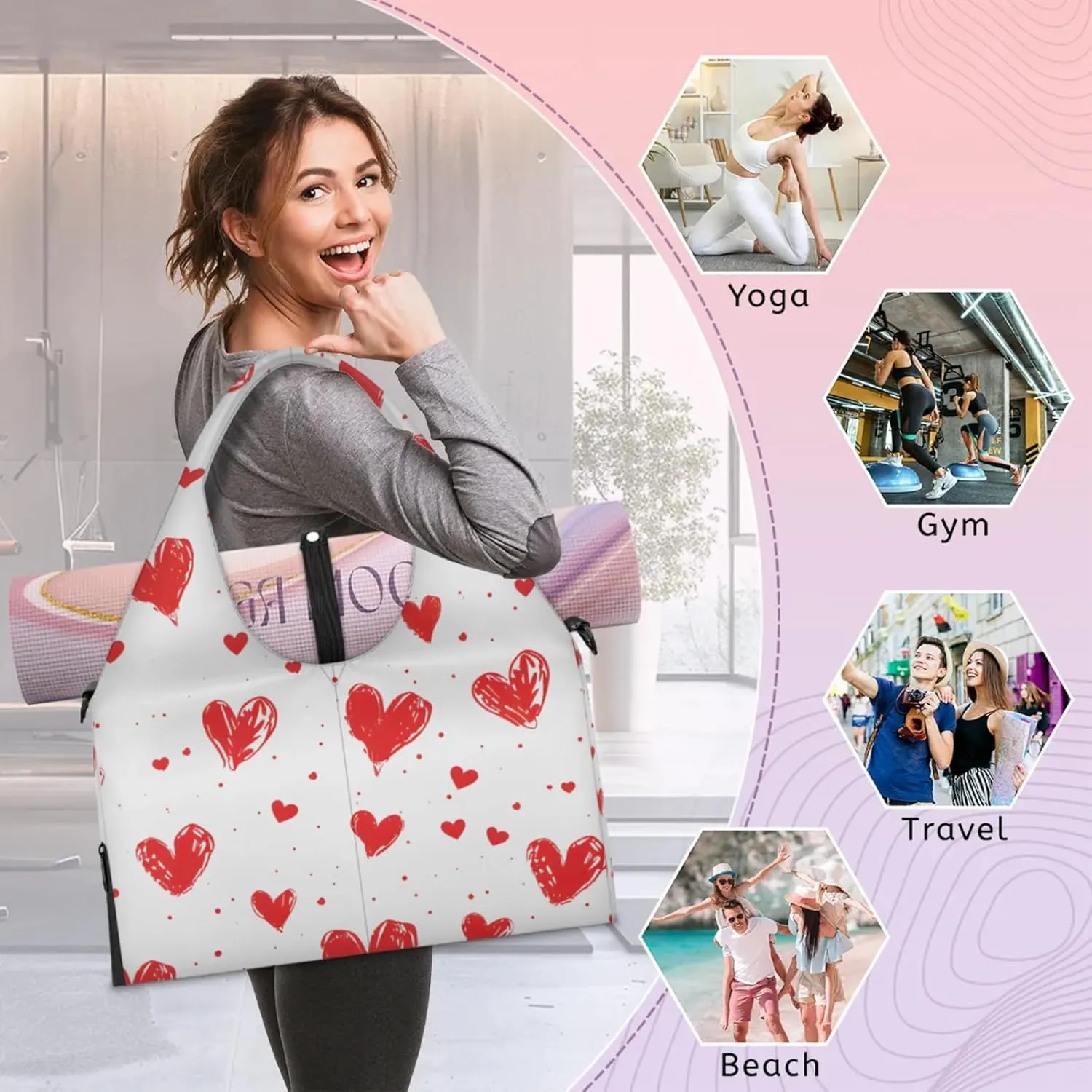 Gym Bag for Women Hearts Print Duffel Bag with Shoe Compartment and Yoga Mat Holder Portable Weekender Bags Travel Tote Bags