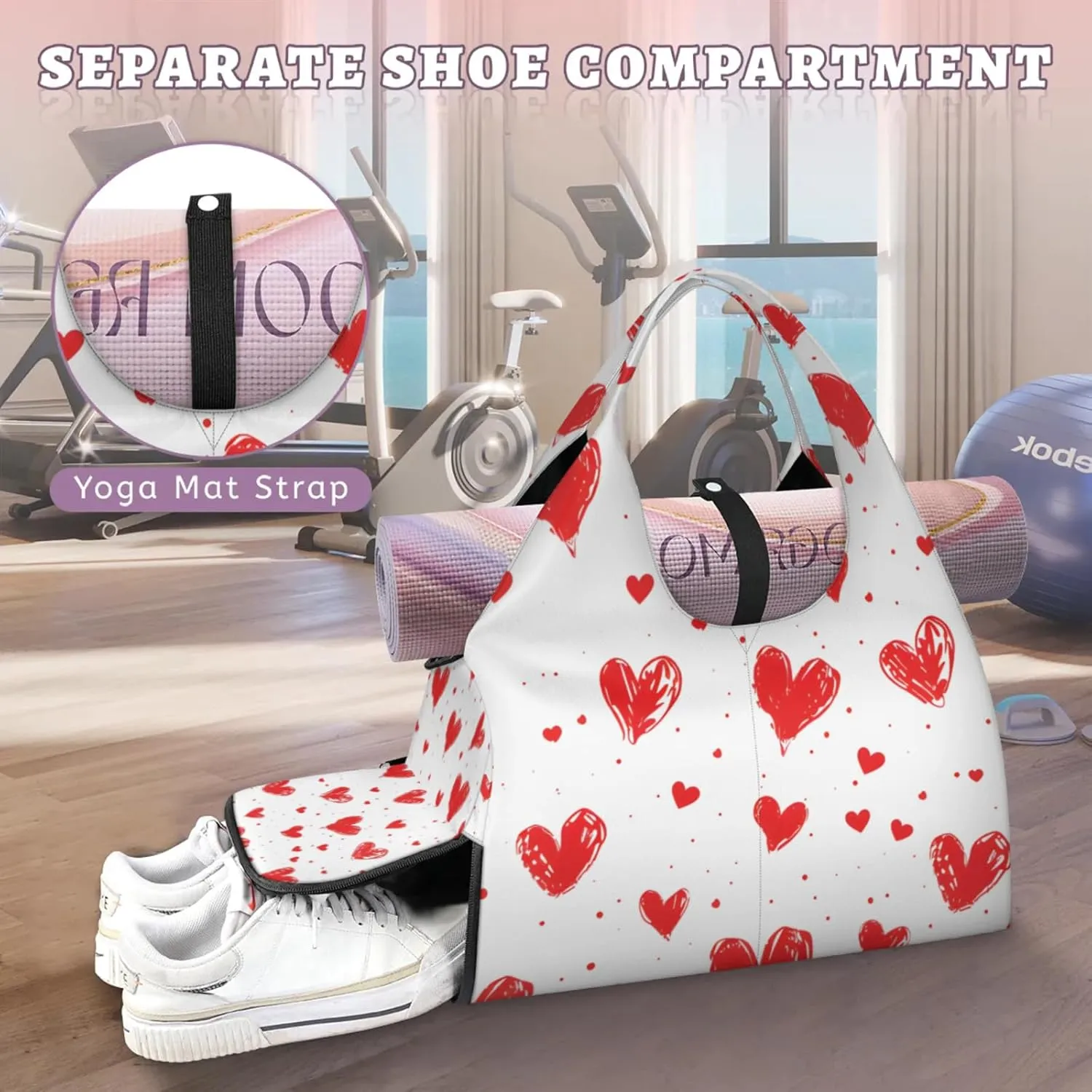 Gym Bag for Women Hearts Print Duffel Bag with Shoe Compartment and Yoga Mat Holder Portable Weekender Bags Travel Tote Bags