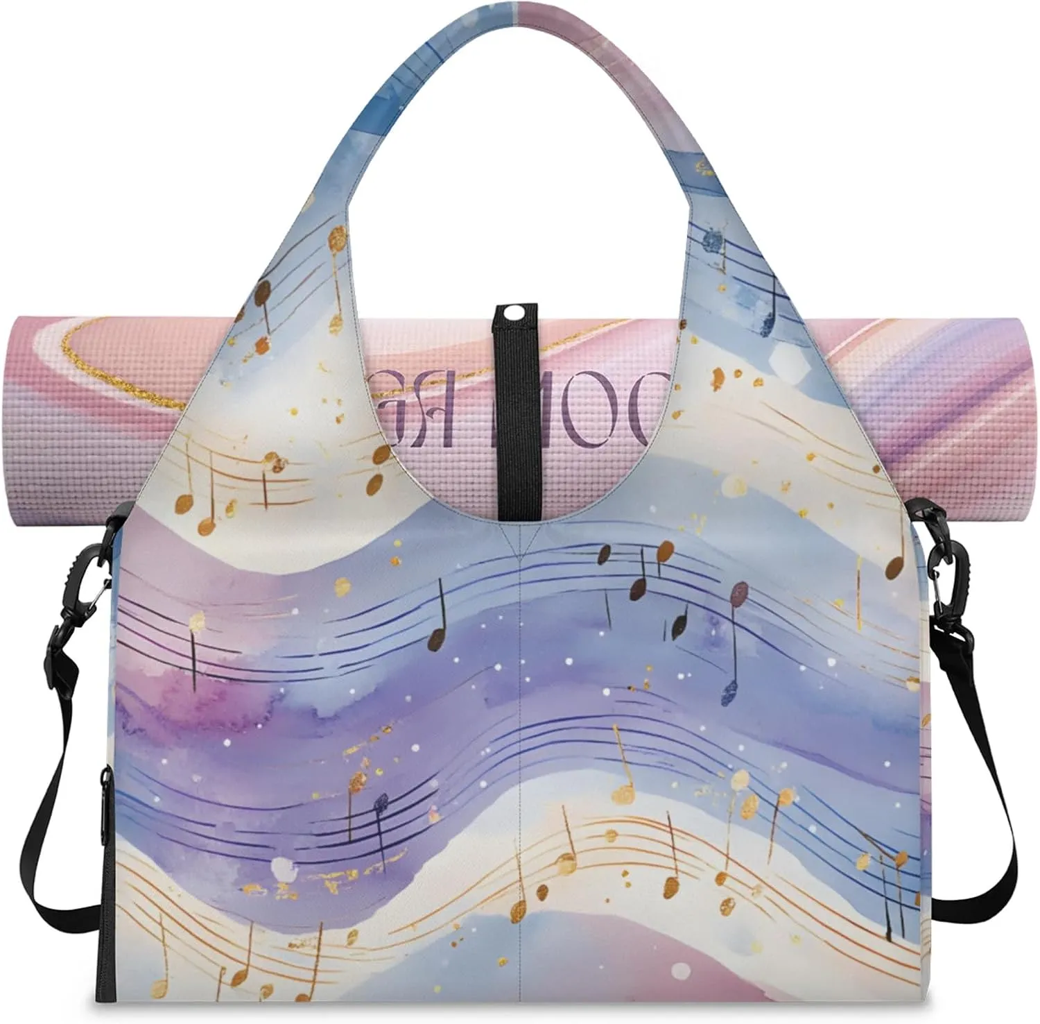 Gym Bag for Women Musical Notes Theme Duffel Bag with Shoe Compartment and Yoga Mat Holder Portable Weekender Bags Travel Tote Bags