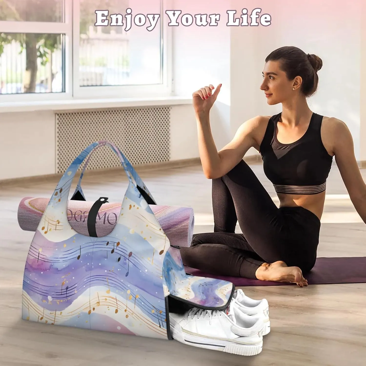 Gym Bag for Women Musical Notes Theme Duffel Bag with Shoe Compartment and Yoga Mat Holder Portable Weekender Bags Travel Tote Bags