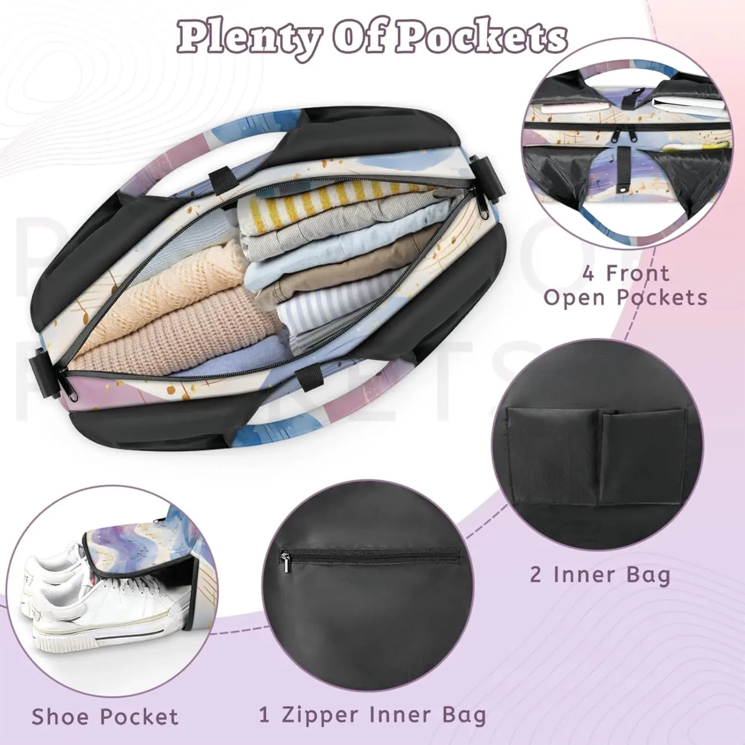 Gym Bag for Women Musical Notes Theme Duffel Bag with Shoe Compartment and Yoga Mat Holder Portable Weekender Bags Travel Tote Bags