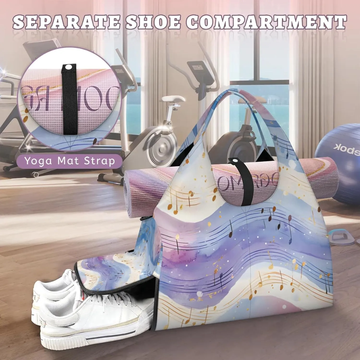 Gym Bag for Women Musical Notes Theme Duffel Bag with Shoe Compartment and Yoga Mat Holder Portable Weekender Bags Travel Tote Bags