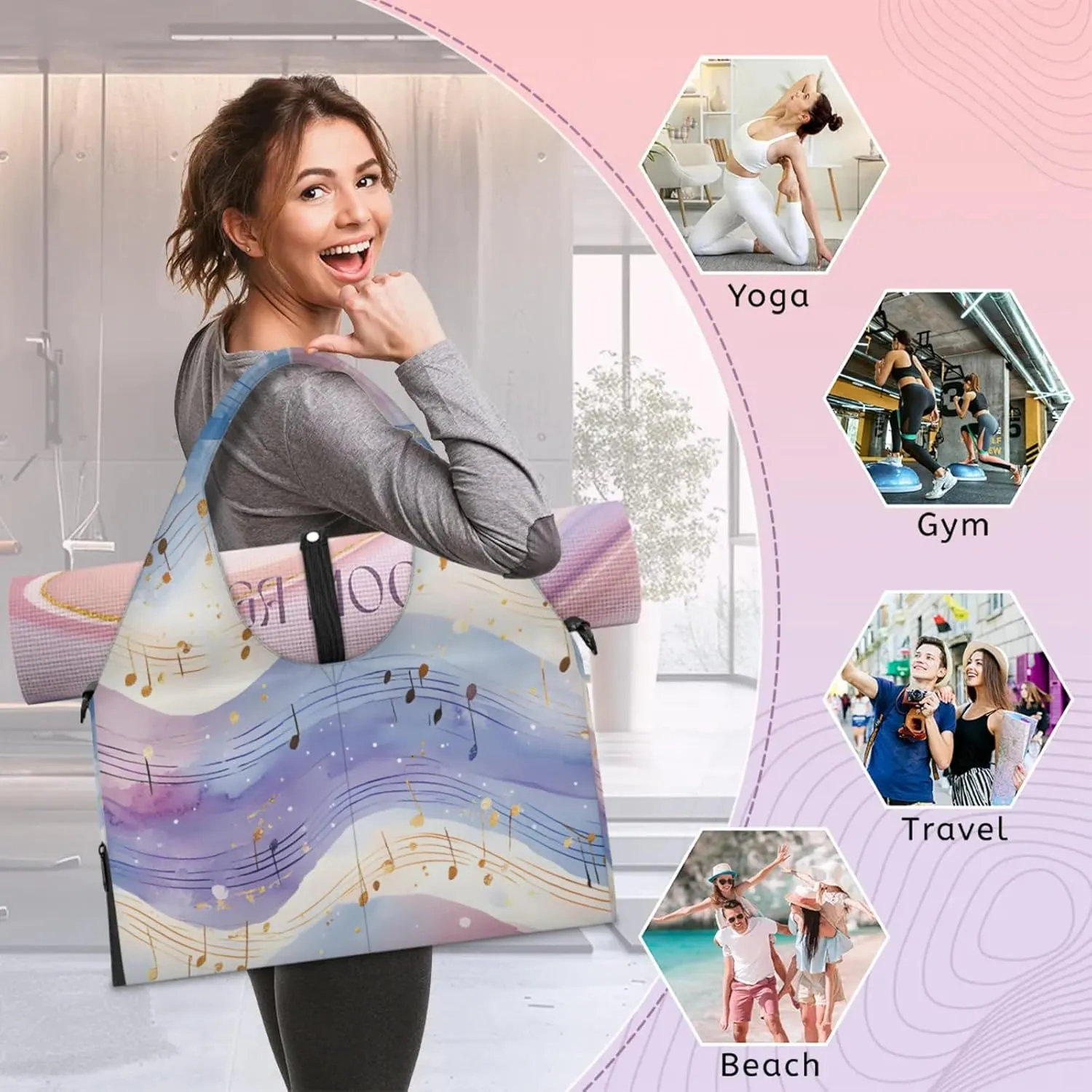 Gym Bag for Women Musical Notes Theme Duffel Bag with Shoe Compartment and Yoga Mat Holder Portable Weekender Bags Travel Tote Bags