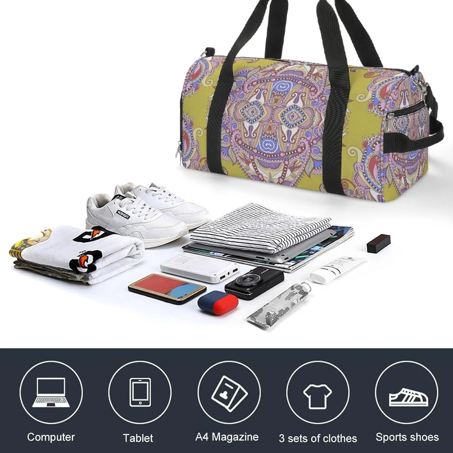 Gym Duffel Bag with Shoe Compartment Wet Pocket, Ornamental Floral Paisley Travel Bag for Men Women