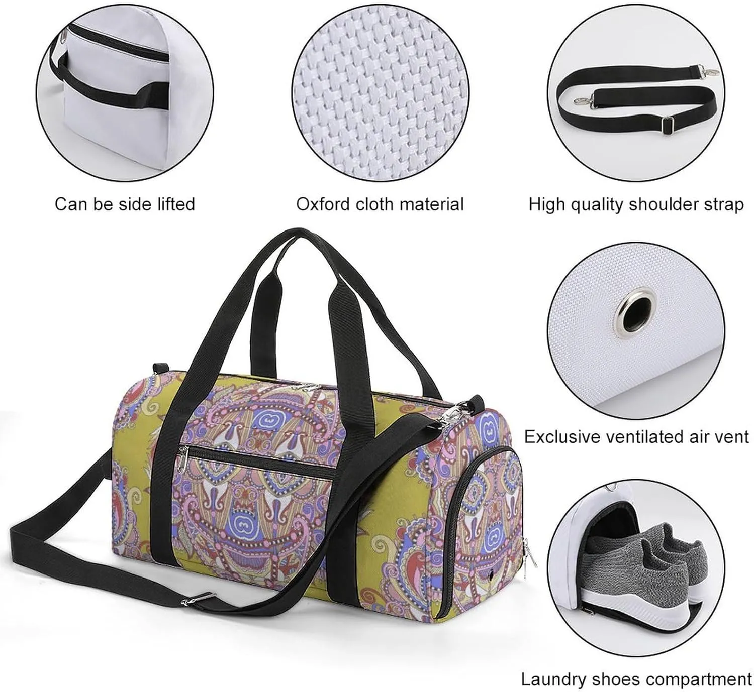 Gym Duffel Bag with Shoe Compartment Wet Pocket, Ornamental Floral Paisley Travel Bag for Men Women