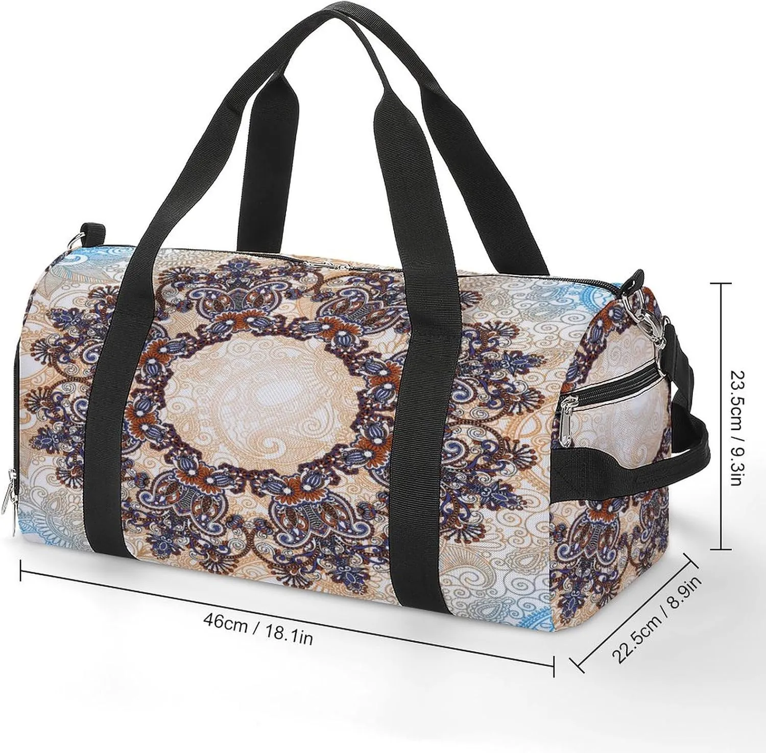 Gym Duffel Bag with Shoe Compartment Wet Pocket, Ornamental Floral Pattern Travel Bag for Men Women