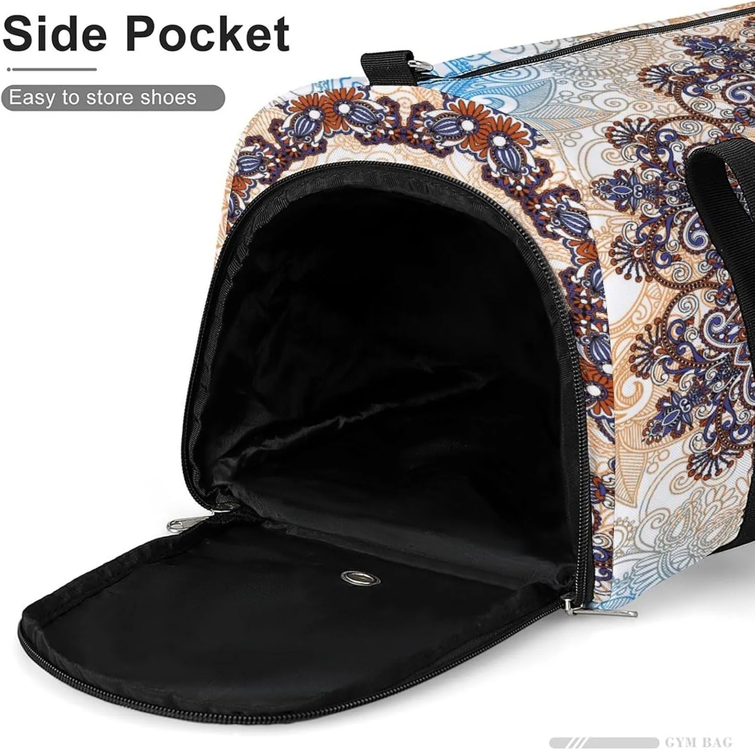 Gym Duffel Bag with Shoe Compartment Wet Pocket, Ornamental Floral Pattern Travel Bag for Men Women