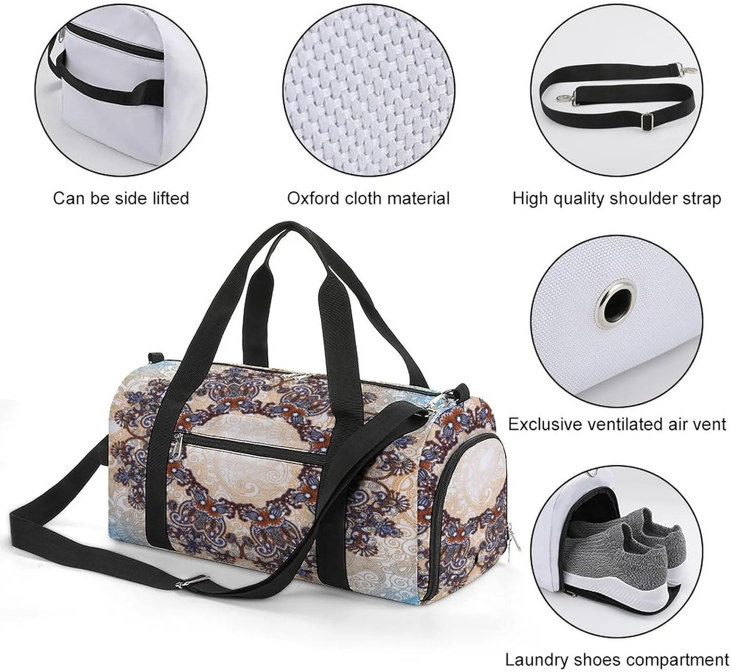 Gym Duffel Bag with Shoe Compartment Wet Pocket, Ornamental Floral Pattern Travel Bag for Men Women