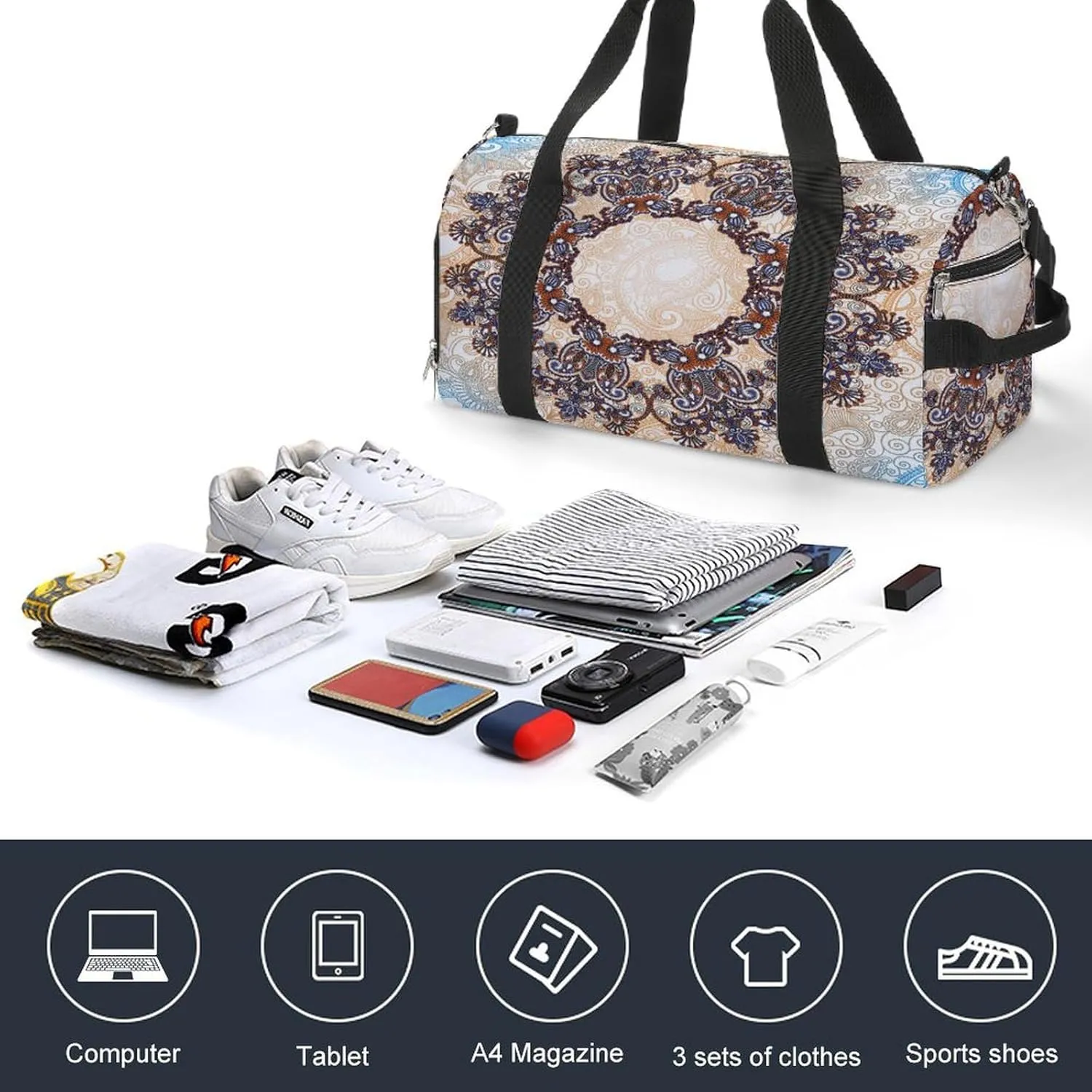 Gym Duffel Bag with Shoe Compartment Wet Pocket, Ornamental Floral Pattern Travel Bag for Men Women