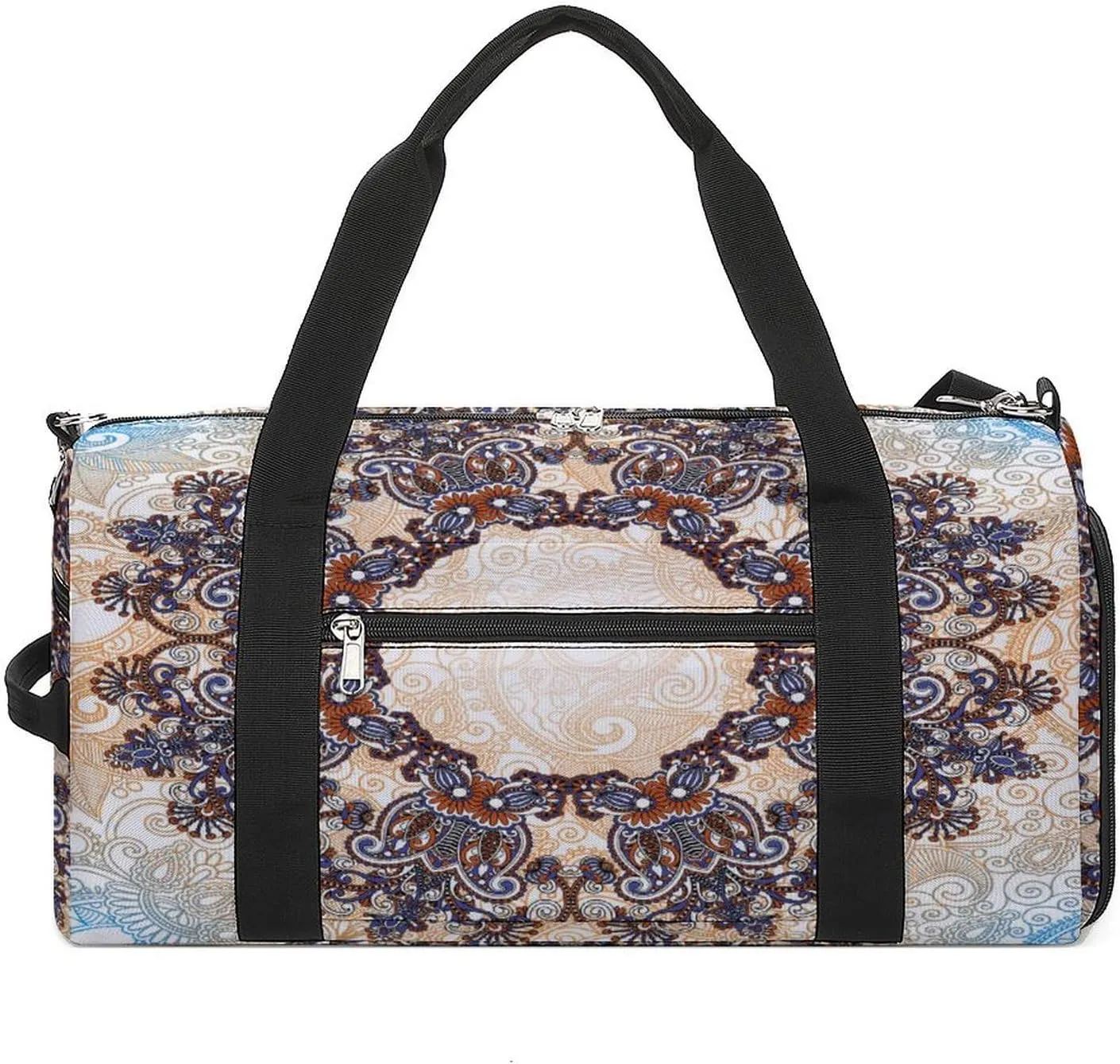 Gym Duffel Bag with Shoe Compartment Wet Pocket, Ornamental Floral Pattern Travel Bag for Men Women