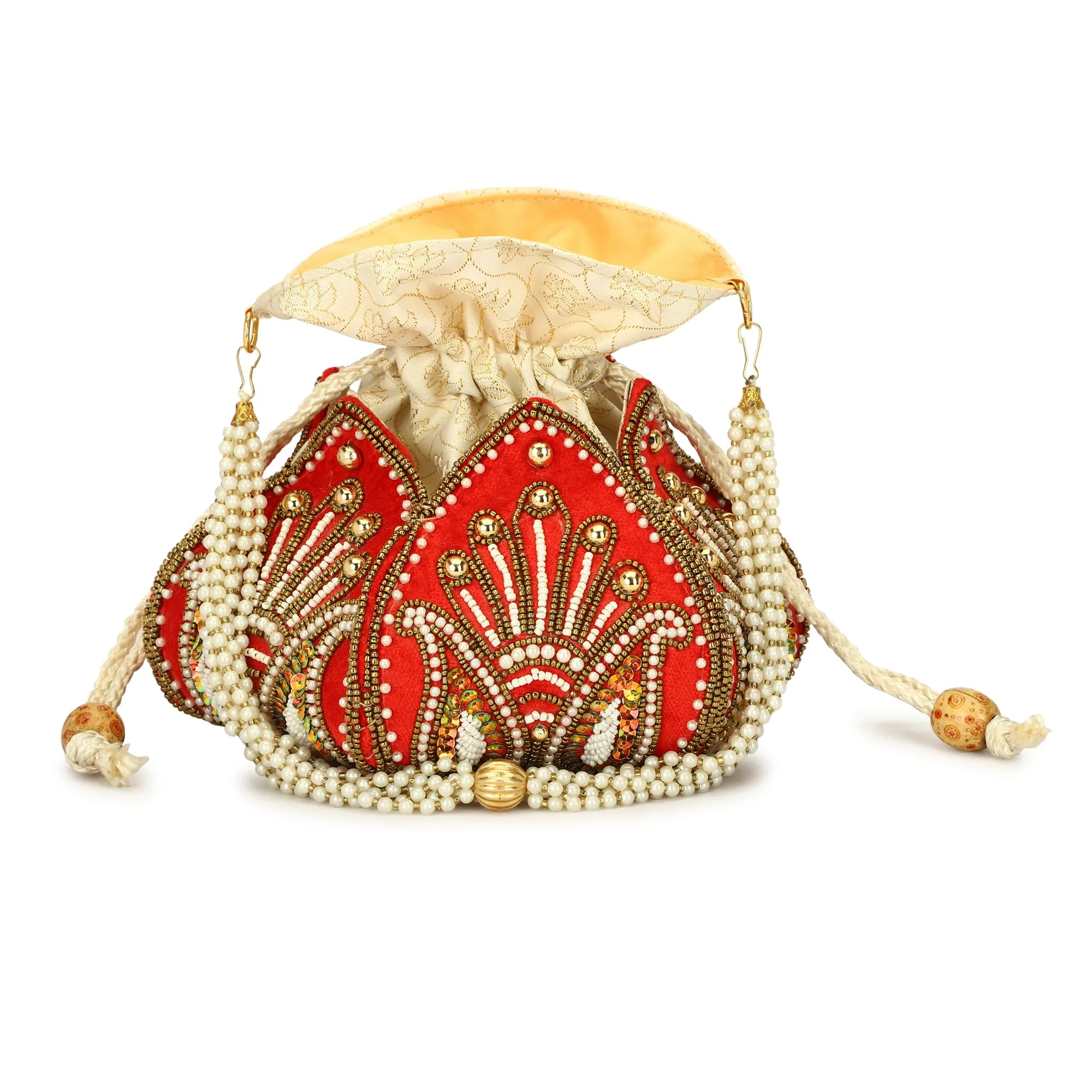 Handcrafted Lotus Embroidered Red velvet Silk Potli for Women/Girls