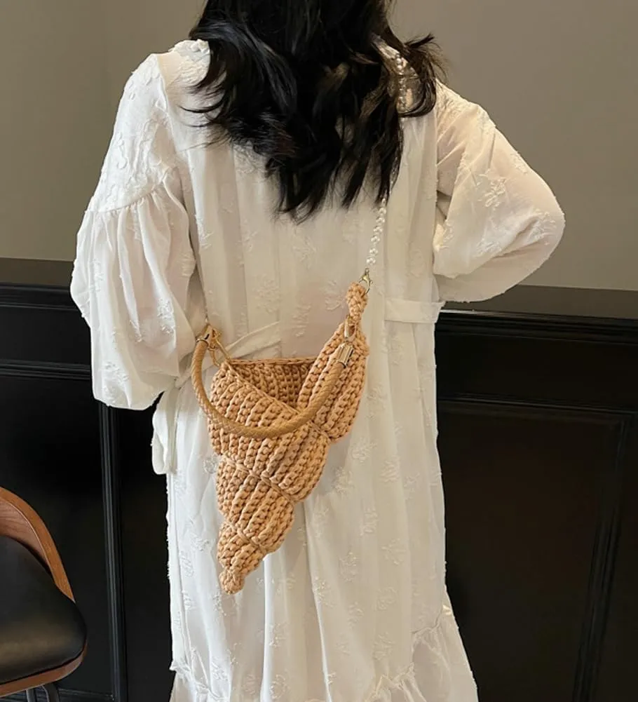 Handwoven Fashion Seashell Bag for Women Crochet Beach Bag Unique Boho Clutch with Pearl Strap Leather Handle 2025