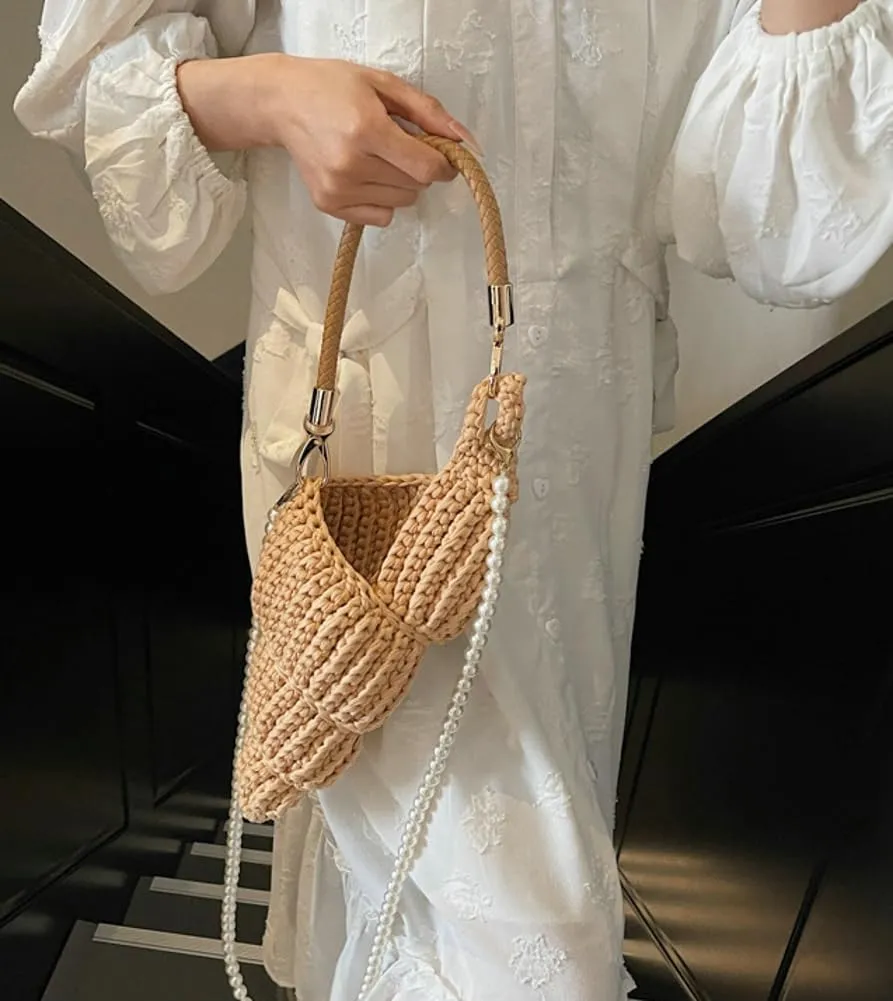 Handwoven Fashion Seashell Bag for Women Crochet Beach Bag Unique Boho Clutch with Pearl Strap Leather Handle 2025
