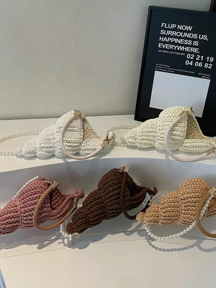 Handwoven Fashion Seashell Bag for Women Crochet Beach Bag Unique Boho Clutch with Pearl Strap Leather Handle 2025
