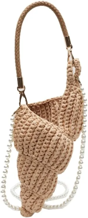 Handwoven Fashion Seashell Bag for Women Crochet Beach Bag Unique Boho Clutch with Pearl Strap Leather Handle 2025