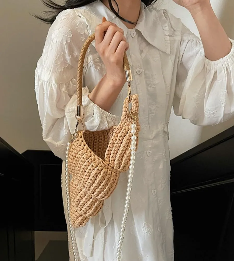 Handwoven Fashion Seashell Bag for Women Crochet Beach Bag Unique Boho Clutch with Pearl Strap Leather Handle 2025