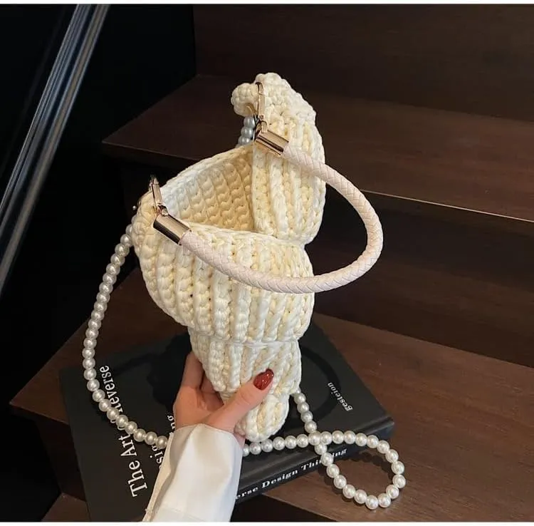 Handwoven Fashion Seashell Bag - Stylish & Unique Boho Clutch with Pearl Strap, Leather Handle & Premium Hardware