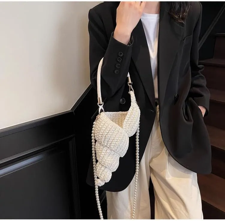 Handwoven Fashion Seashell Bag - Stylish & Unique Boho Clutch with Pearl Strap, Leather Handle & Premium Hardware