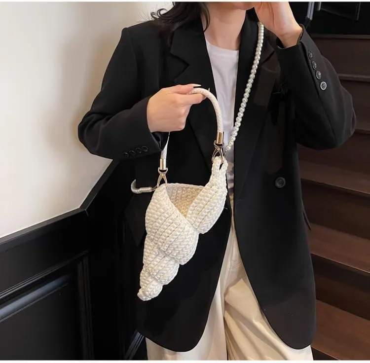 Handwoven Fashion Seashell Bag - Stylish & Unique Boho Clutch with Pearl Strap, Leather Handle & Premium Hardware
