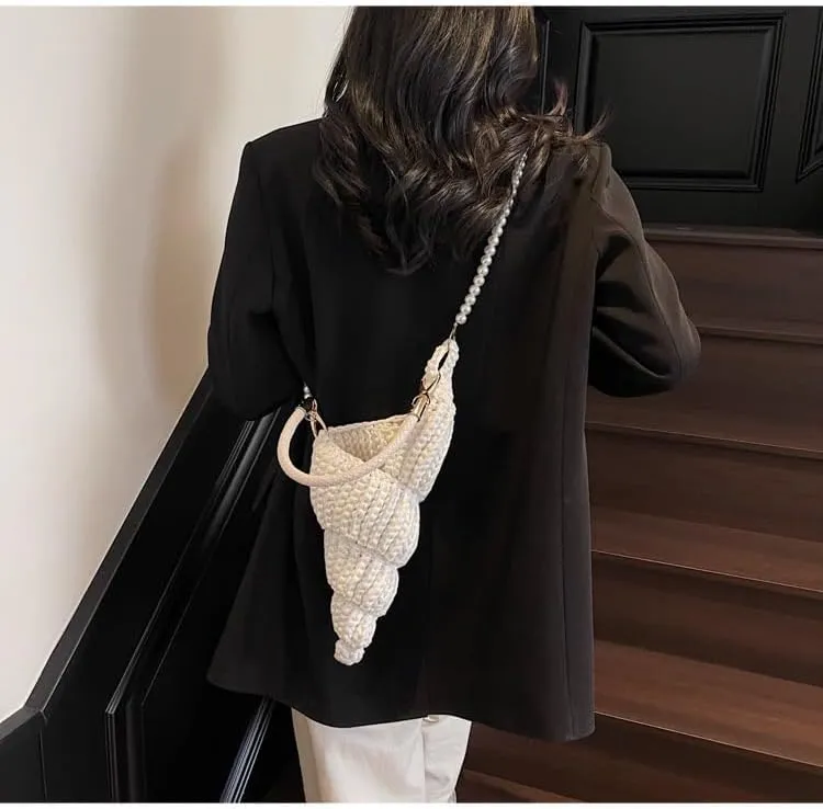 Handwoven Fashion Seashell Bag - Stylish & Unique Boho Clutch with Pearl Strap, Leather Handle & Premium Hardware