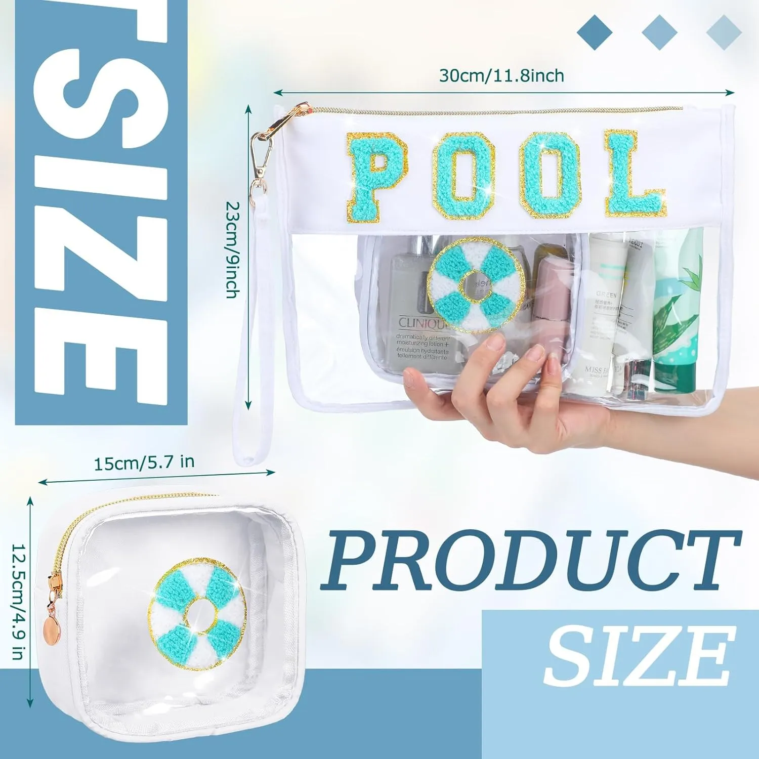 Hillban 2 Pcs Pool Bag Makeup Cosmetic Bag Clear Sunscreen Toiletry Zipper Pouch Beach Travel Summer Stuff Preppy Chenille Letter Patch Pouch PVC Waterproof Organizer Storage Mini Bogg Purse for Women