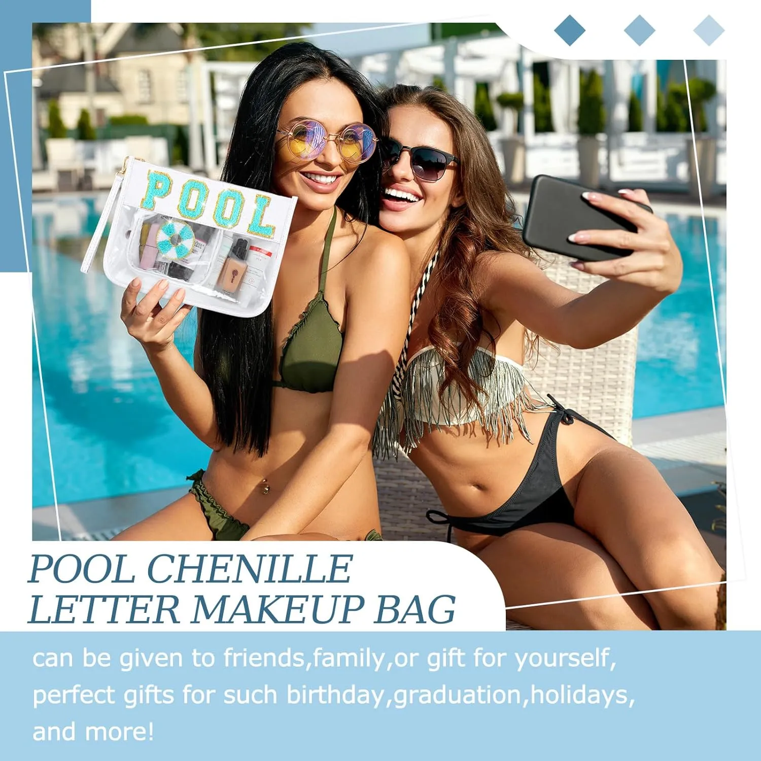 Hillban 2 Pcs Pool Bag Makeup Cosmetic Bag Clear Sunscreen Toiletry Zipper Pouch Beach Travel Summer Stuff Preppy Chenille Letter Patch Pouch PVC Waterproof Organizer Storage Mini Bogg Purse for Women