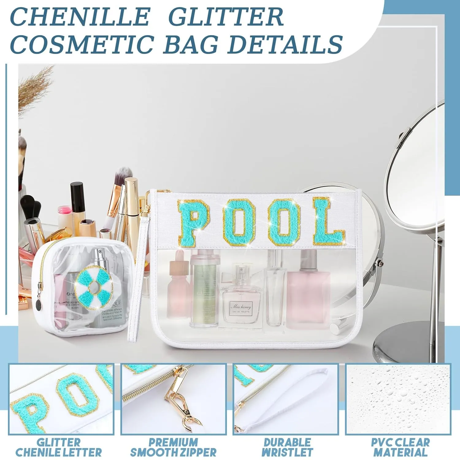 Hillban 2 Pcs Pool Bag Makeup Cosmetic Bag Clear Sunscreen Toiletry Zipper Pouch Beach Travel Summer Stuff Preppy Chenille Letter Patch Pouch PVC Waterproof Organizer Storage Mini Bogg Purse for Women