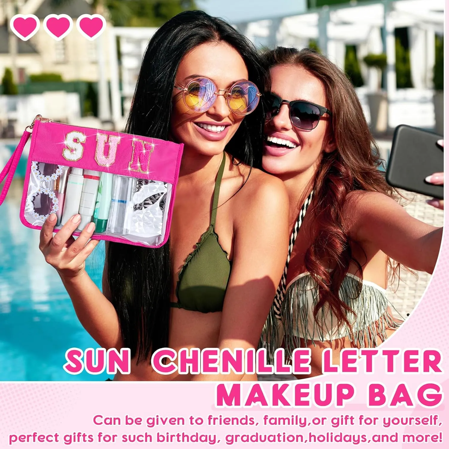 Hillban 2 Pcs Sunscreen Chenille Letter Bags Makeup Cosmetic Bag Waterproof Sun Travel Pouch Beach Pool Things Summer Stuff Preppy Patch Traveling Accessories for Women (Sun Theme)