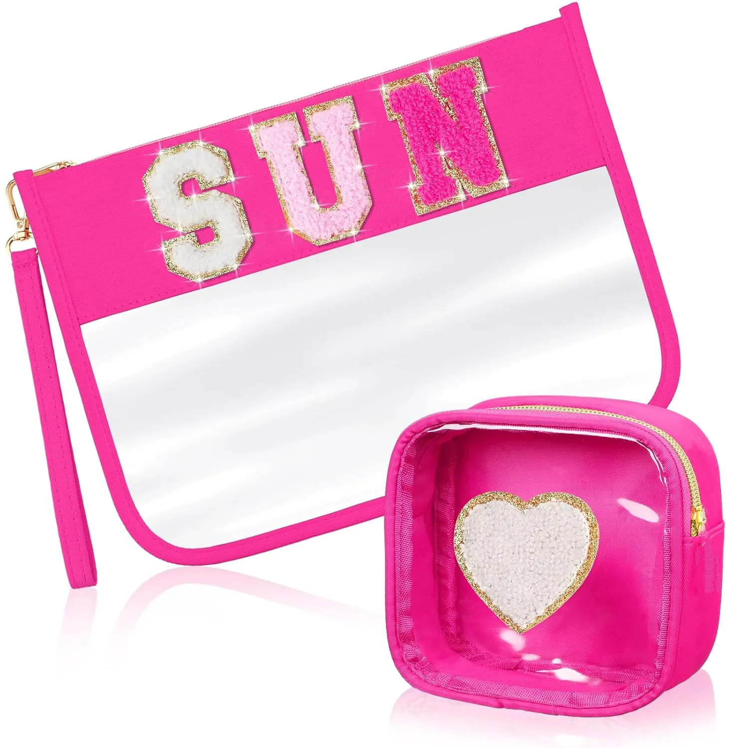 Hillban 2 Pcs Sunscreen Chenille Letter Bags Makeup Cosmetic Bag Waterproof Sun Travel Pouch Beach Pool Things Summer Stuff Preppy Patch Traveling Accessories for Women (Sun Theme)