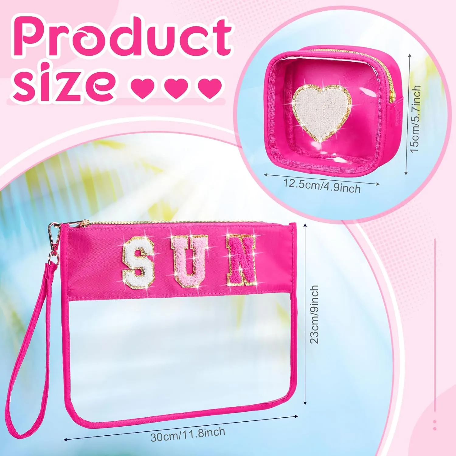 Hillban 2 Pcs Sunscreen Chenille Letter Bags Makeup Cosmetic Bag Waterproof Sun Travel Pouch Beach Pool Things Summer Stuff Preppy Patch Traveling Accessories for Women (Sun Theme)