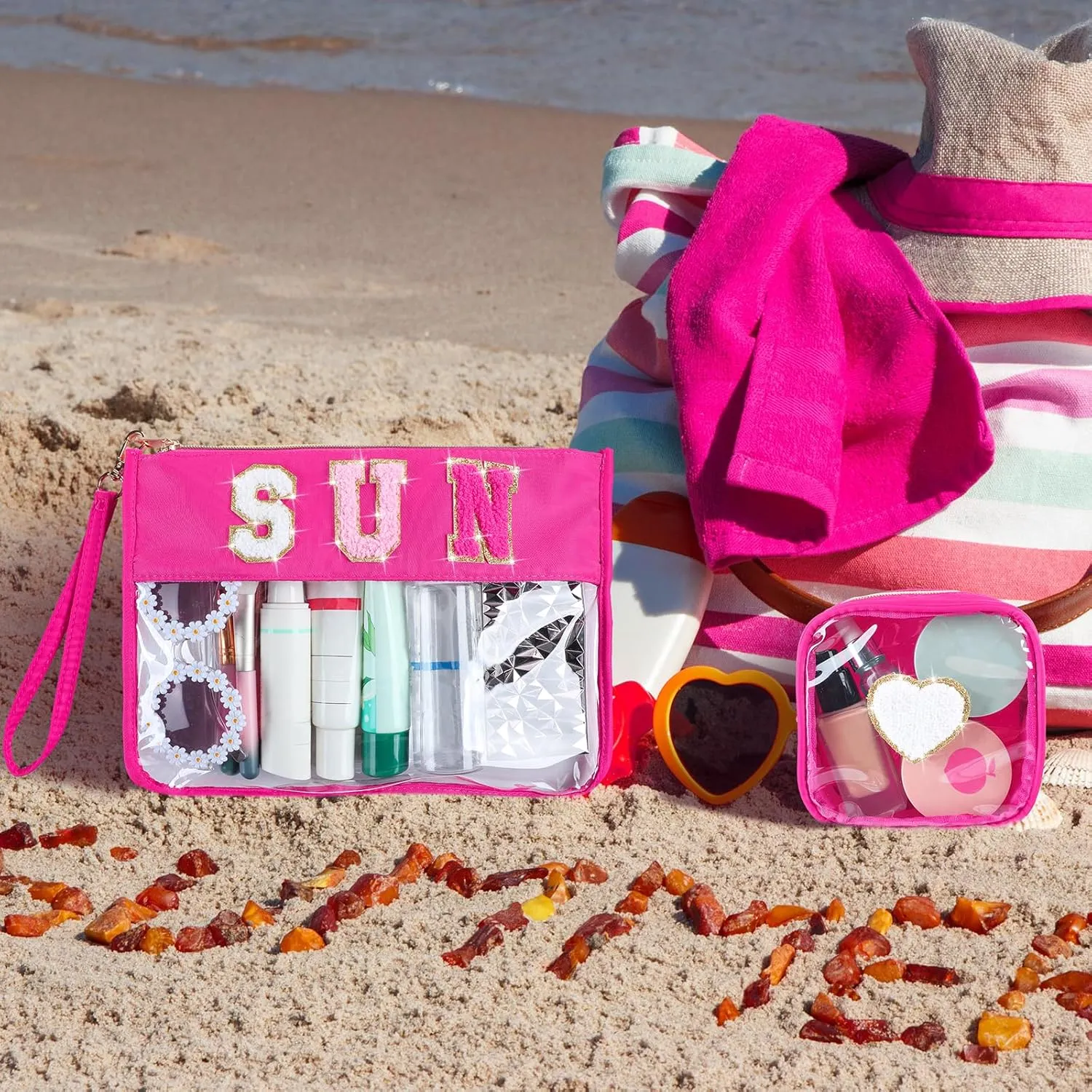 Hillban 2 Pcs Sunscreen Chenille Letter Bags Makeup Cosmetic Bag Waterproof Sun Travel Pouch Beach Pool Things Summer Stuff Preppy Patch Traveling Accessories for Women (Sun Theme)