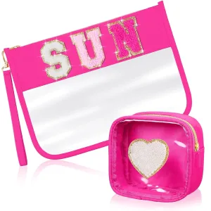 Hillban 2 Pcs Sunscreen Chenille Letter Bags Makeup Cosmetic Bag Waterproof Sun Travel Pouch Beach Pool Things Summer Stuff Preppy Patch Traveling Accessories for Women (Sun Theme)