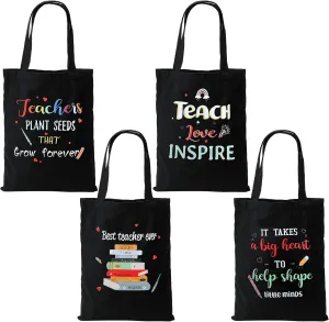 Hillban 4 Pcs Teacher Appreciation Gifts Canvas Tote Bag, Reusable Grocery Bag for Teacher Appreciation Week Retirement