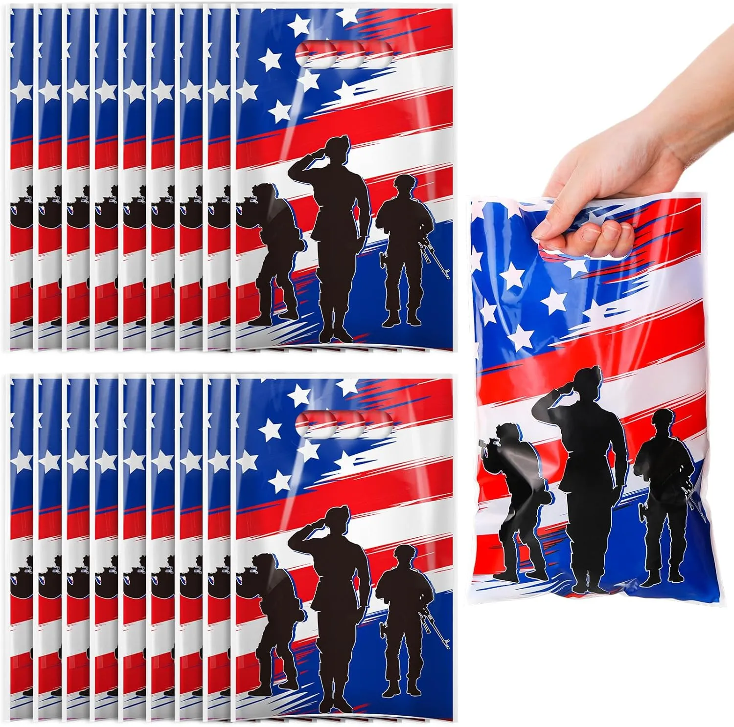 Hosuly Memorial Day Gift Bags Patriotic Plastic American Flag Bags 4th of July Treat Goodie Bag with Handles 7.9 x 11.8 In for Independence Day Veterans Army Party Supplies(100 Pieces)