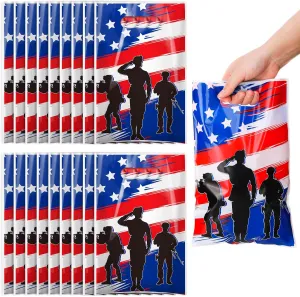 Hosuly Memorial Day Gift Bags Patriotic Plastic American Flag Bags 4th of July Treat Goodie Bag with Handles 7.9 x 11.8 In for Independence Day Veterans Army Party Supplies(100 Pieces)