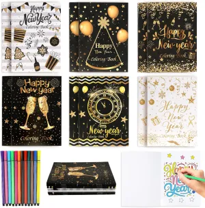 HOWAF 12pcs Happy New Year Coloring Books Bulk, New Years Eve Coloring Page with Paint Pens New Years 2025 for New Year Holiday Classroom Activities Bags Fillers Black Gold NYE Drawing Book