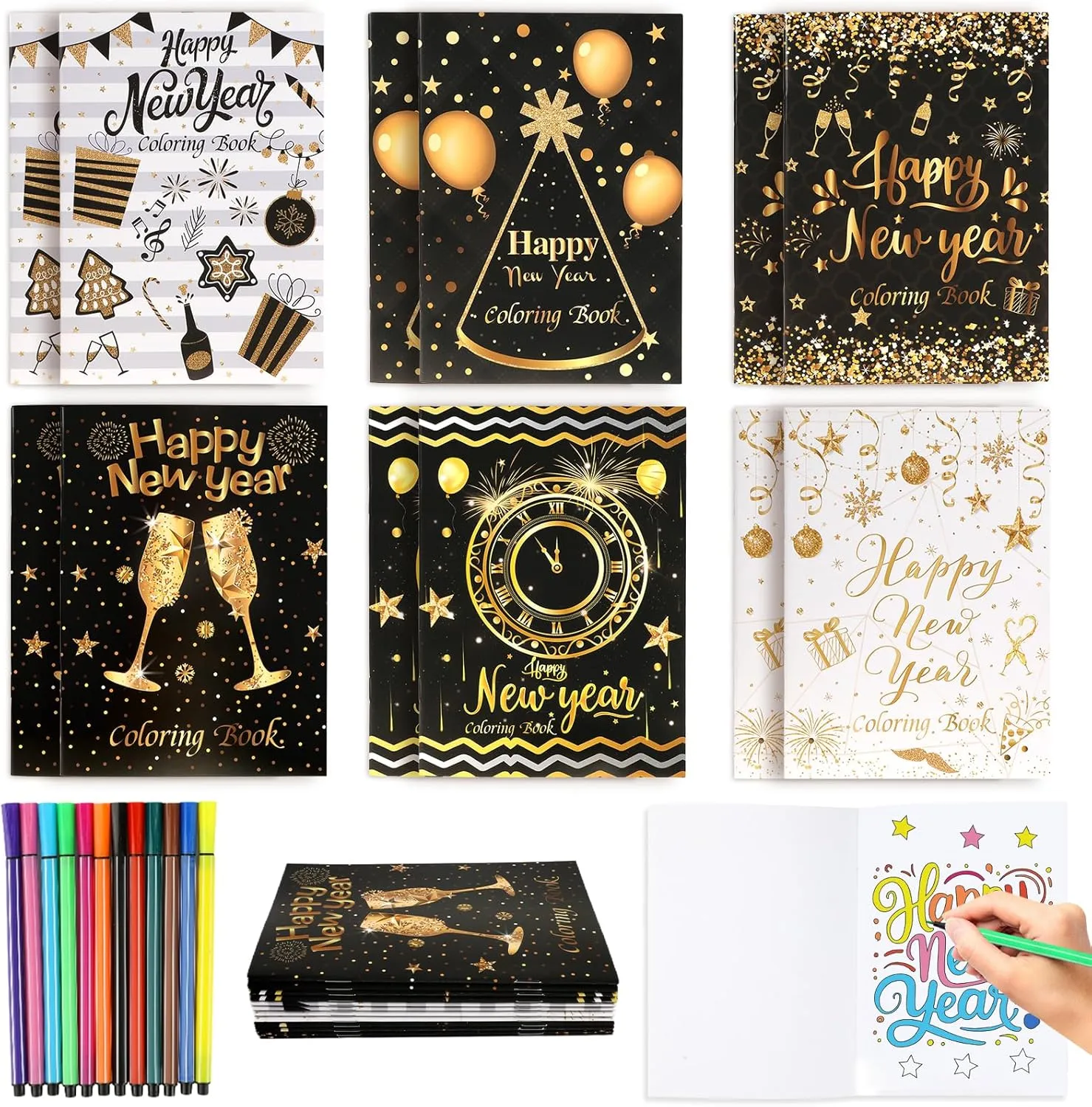HOWAF 12pcs Happy New Year Coloring Books Bulk, New Years Eve Coloring Page with Paint Pens New Years 2025 for New Year Holiday Classroom Activities Bags Fillers Black Gold NYE Drawing Book