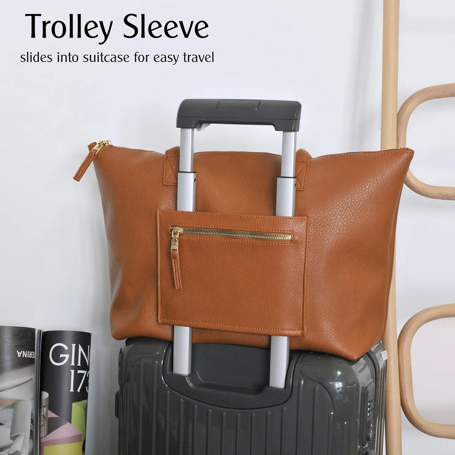 HOXIS Tote Bag for Women with Zipper Vegan Leather Handbag with Trolley Sleeve Travel Weekender Carryall Bag