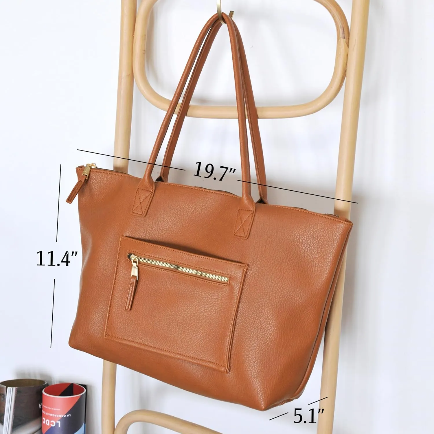 HOXIS Tote Bag for Women with Zipper Vegan Leather Handbag with Trolley Sleeve Travel Weekender Carryall Bag