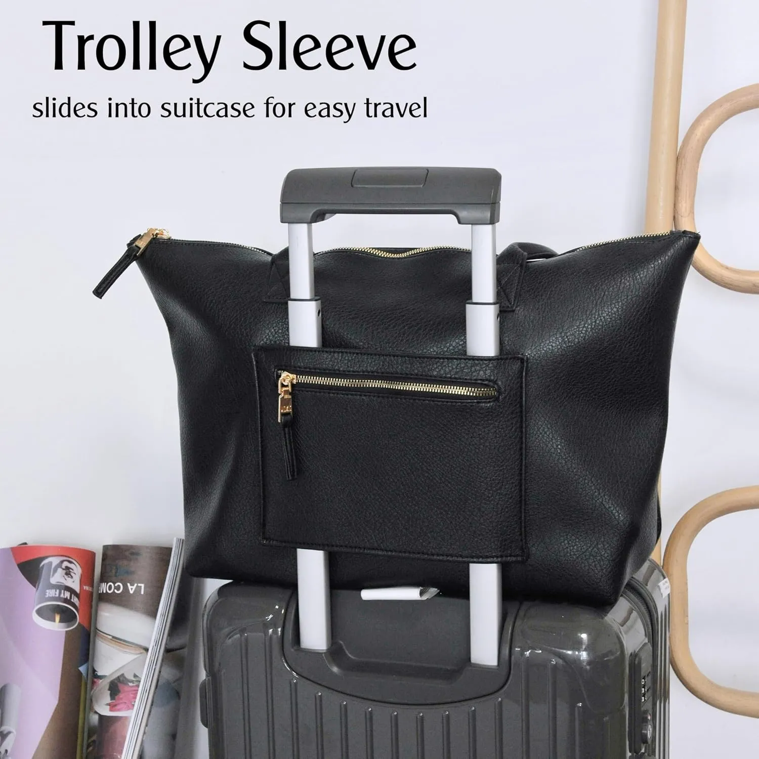HOXIS Tote Bag for Women with Zipper Vegan Leather Handbag with Trolley Sleeve Travel Weekender Carryall Bag
