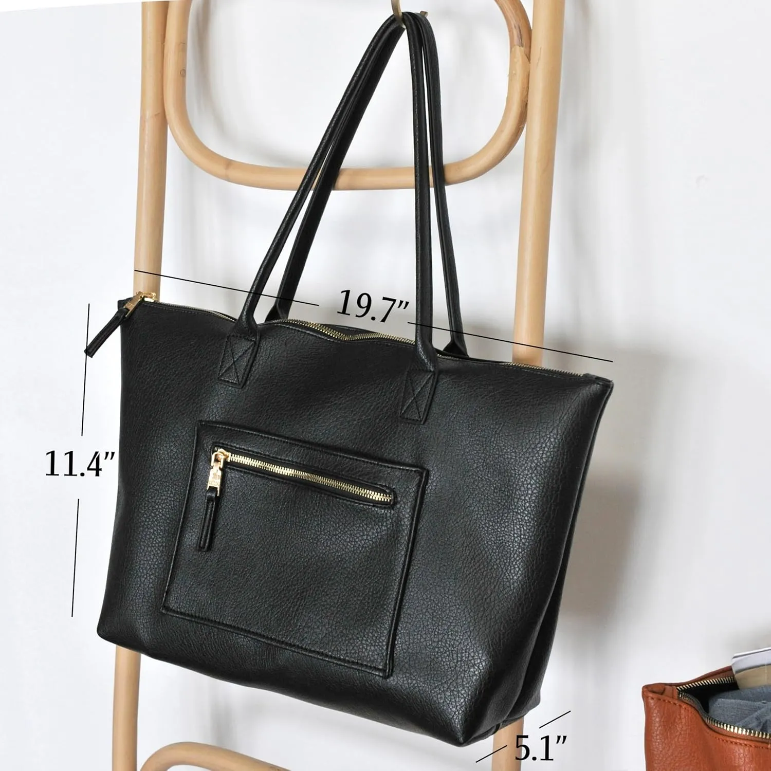 HOXIS Tote Bag for Women with Zipper Vegan Leather Handbag with Trolley Sleeve Travel Weekender Carryall Bag
