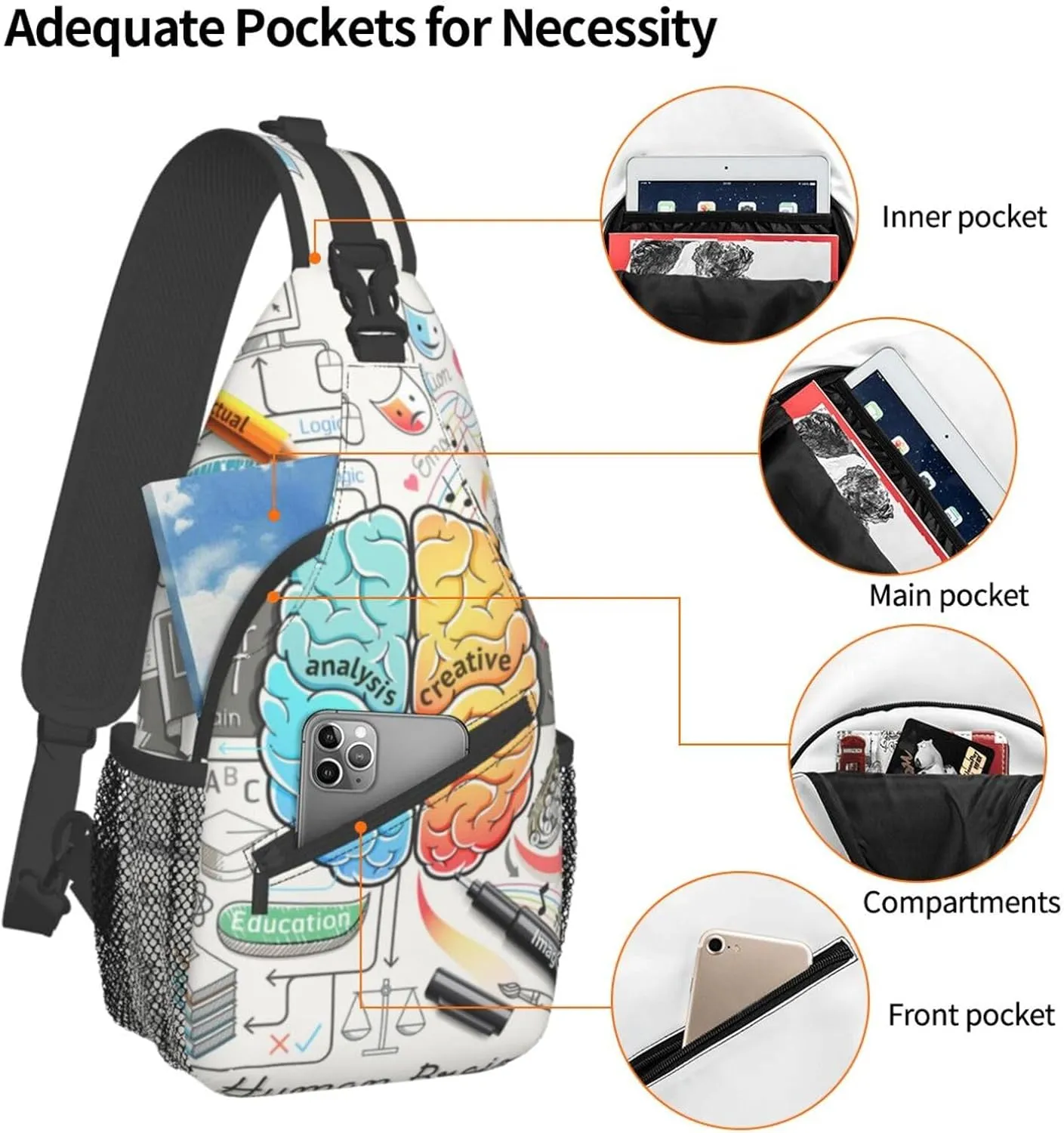 Human Brain Cross Chest Bag Diagonally,Crossbody Backpack Travel Hiking Casual Chest Bags Lightweight Sling Bag