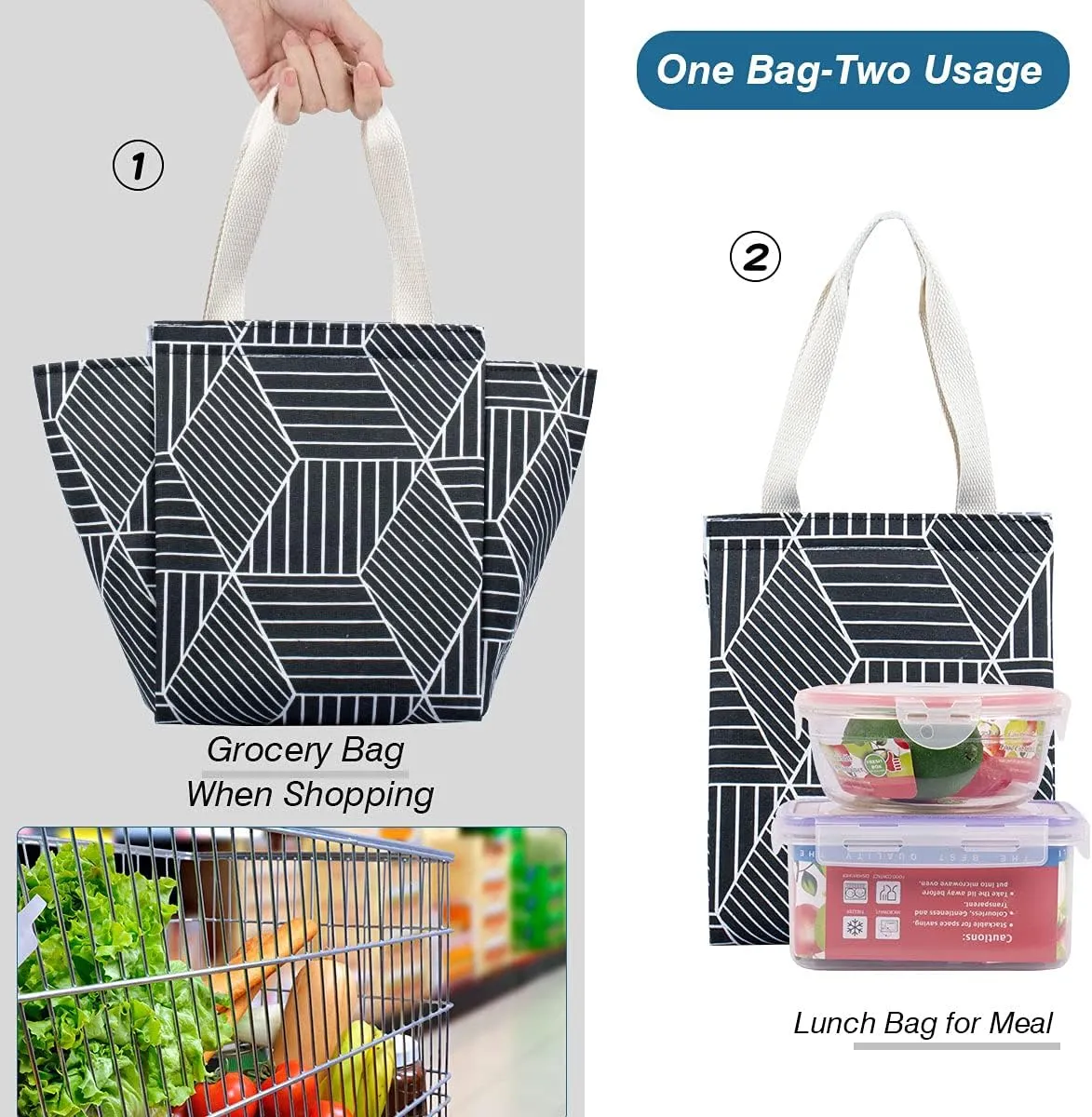 iknoe Insulated Lunch Bag for Women, 9L Sturdy Wide-Open Foldable & Portable Lunch Tote with Interior Pockets, Water-Resistant Thermal Lunch Cooler for Adults Picnic Beach (Black Rhombus)