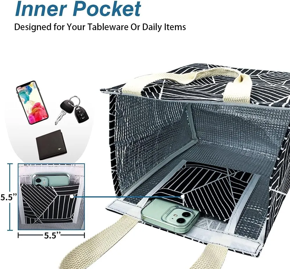iknoe Insulated Lunch Bag for Women, 9L Sturdy Wide-Open Foldable & Portable Lunch Tote with Interior Pockets, Water-Resistant Thermal Lunch Cooler for Adults Picnic Beach (Black Rhombus)